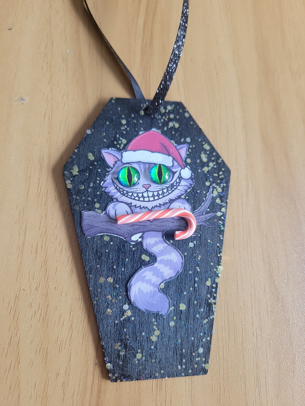 🧋NEW🧋Hand Crafted Purple Cat Ornament with Green Eyes and Red Hat
